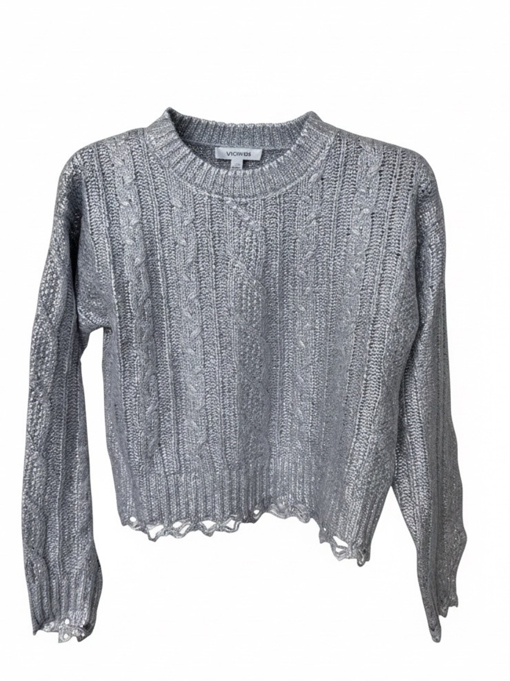Vigoss Metallic Silver Cable-Knit Crewneck Sweater Size XS🩶